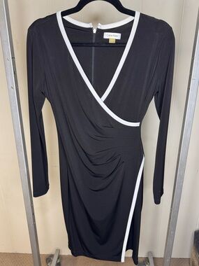 Calvin Klein Faux Wrap Black & White Long Sleeve Knee Length Dress